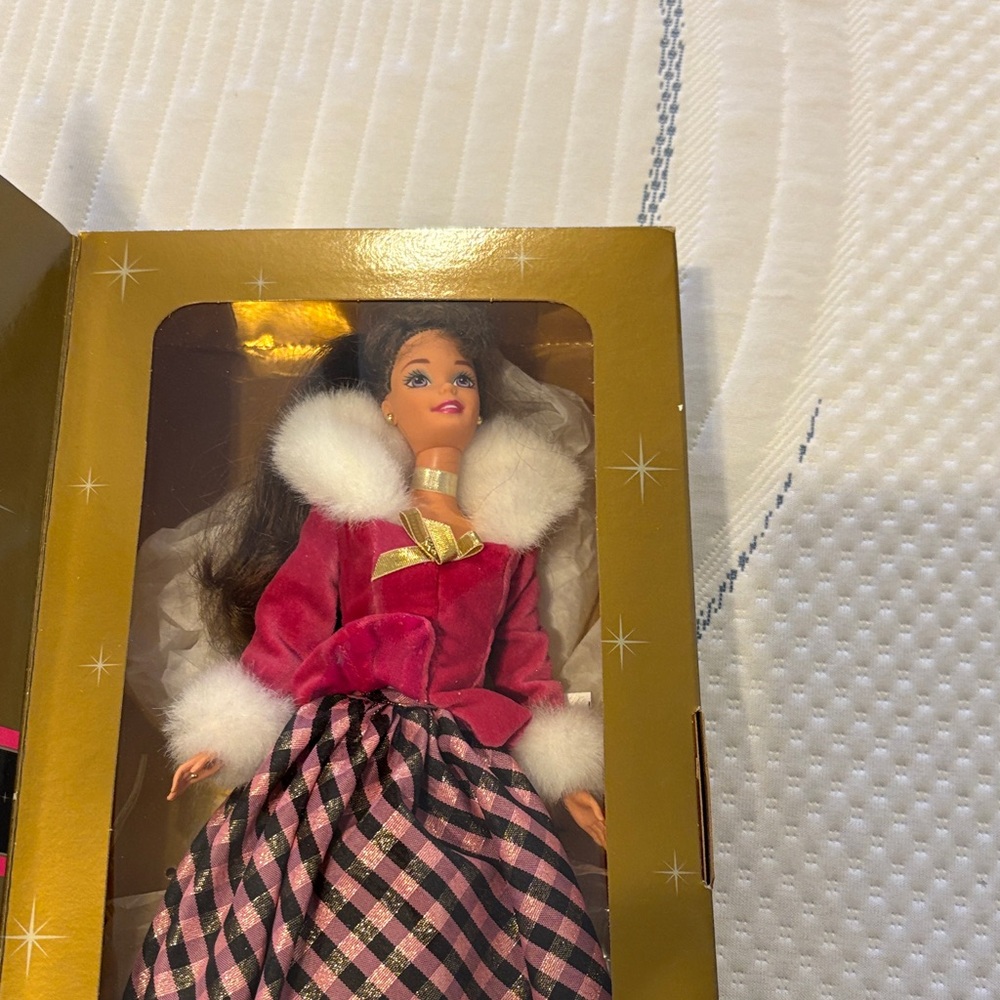 Barbie Pink Velvet Jacket Doll with White Fur Trim and Black-Pink Plaid Skirt